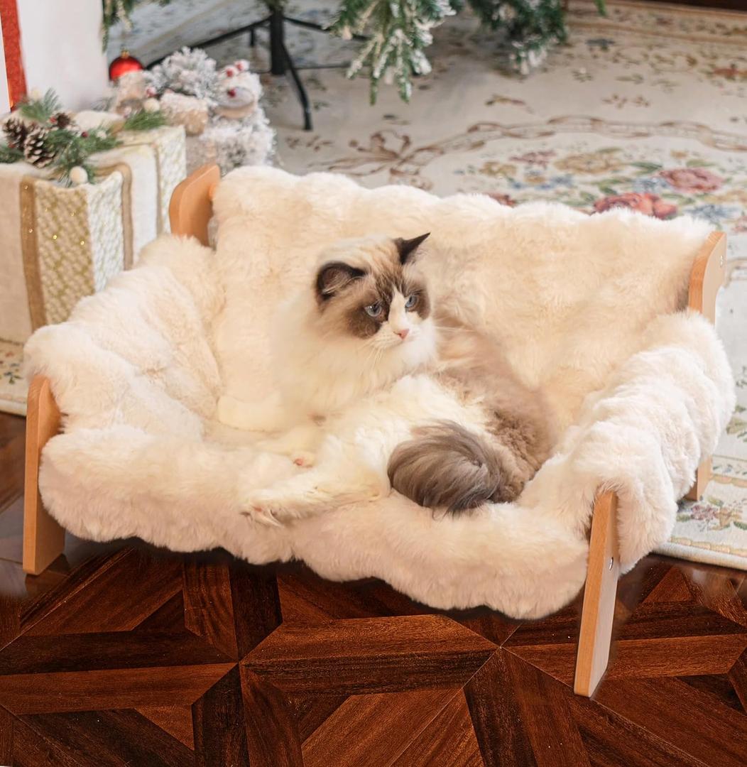 CHEERHOME PETS Elevated Cat Couch Bed for Indoor Cats, Wooden Cat Sofa with Removable Washable Fluffy Cover Raised Kitty Lounge Chair Suitable for Puppy (Cat Sofa Off-White)