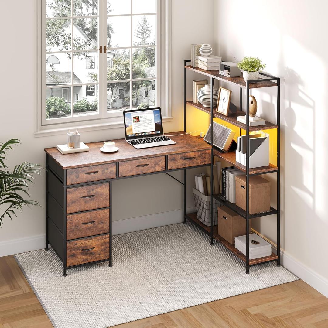 Garvee L Shaped Gaming Computer Desk with 6 Fabric Drawers, Corner Gaming Desk with Open Shelves, Home Office PC Table with Power Outlets & LED Lights, 58.3" l*54.3" h, Rustic Brown