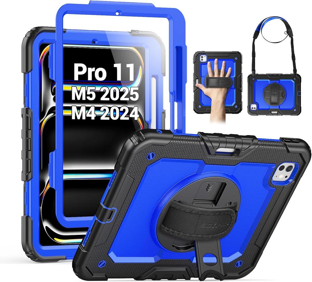 SEYMAC for iPad Pro 11 Inch Case M5 2025 / M4 2024, Heavy Duty Shockproof Protective Case with Screen Protector, 360 Rotating Stand, Hand/Shoulder Strap and Pen Holder, Blue
