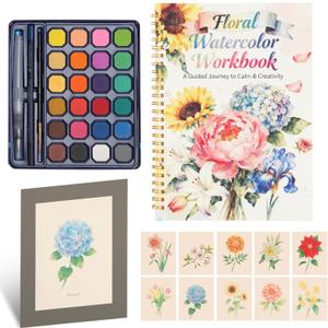 Floral Watercolor Painting Kit for Adults & Beginners with 24 Paints, 3 Brushes,Watercolor Workbook & photo album | 12 Original DIY Patterns, Step-by-Step Tutorials | Beginner-Friendly Creative Gift