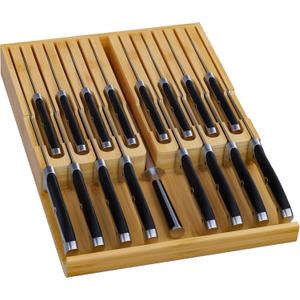 Domax Bamboo In-drawer Knife Block - Knife Drawer Organizer Insert Large Handle Steak Knife Holder, Kitchen Drawer Knife Organizer Fits for 16 knives and 1 Sharpening Steel (Not Included), Natural