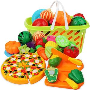 Cutting Play Food Set Kitchen Pretend - 40pcs Grocery Basket Toys Food for Kids Toddlers Girls Boys Educational Fake Fruits Vegetables Pizza Knife Dishes Playhouse Accessories Xmas Gifts