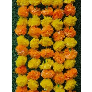 5 Piece Artificial Marigold Flower Garland Traditional Indian Wedding Party Pooja Diwali Christmas Theme Decorations - 5 Feet Long (Light Orange with Yellow)