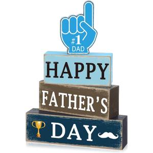 Thyle 4 Pcs Father's Day Decorations Wooden Tiered Tray Decor Happy Father's Day Table Centerpieces Blue Best Dad Ever Trophy Table Decor Eve Wood Block for Birthday Holiday Shelf Gifts