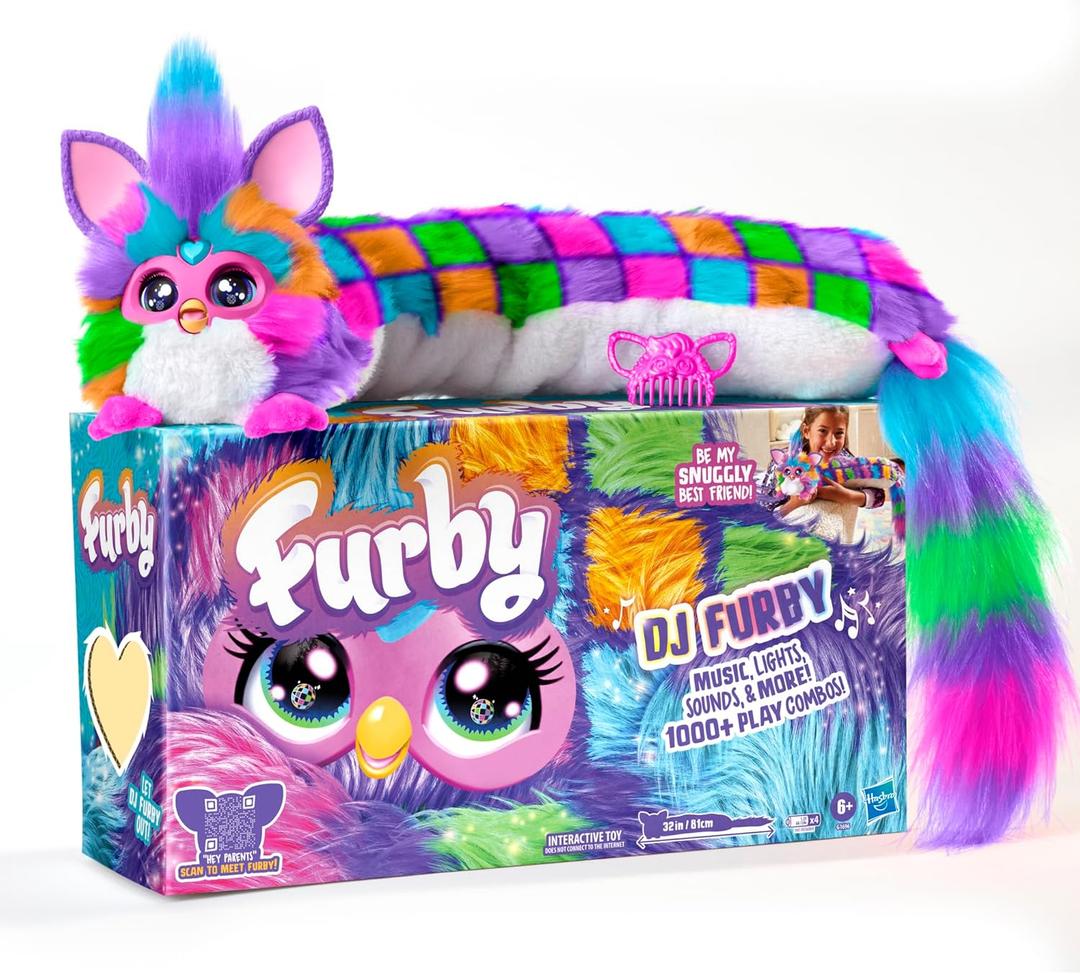 FURBY DJ Interactive Toy, Neon Star, Snuggly Electronic Plush, Music, Lights, Motion, & Games, Speaks English & Furbish, 32 in Long, 6+ Years 