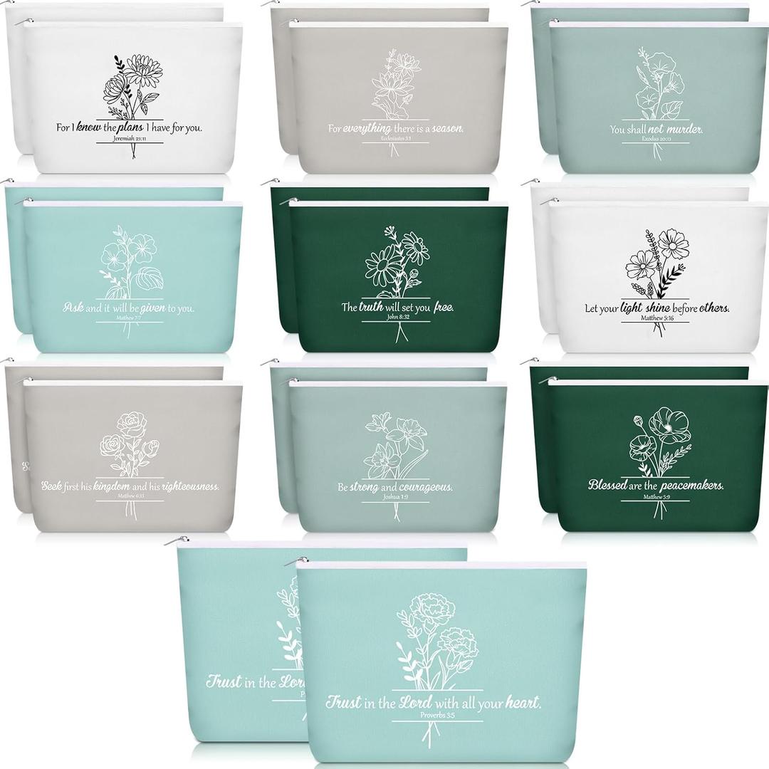 Kacctyen 20 Pcs Christian Easter Gifts for Women Bible Religious Makeup Bag with Zipper Canvas Cosmetic Bags Bulk for Easter Back to School Vbs Church Nurse Teacher Homeless(Five Colors)