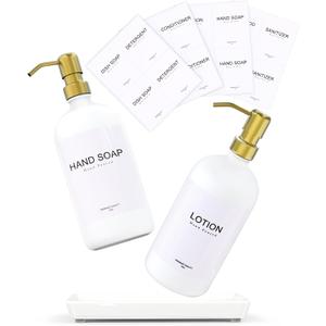 Soap Lotion Dispenser Set, Durmmur White Soap Dispenser With Ceramic Tray, Hand And Dish Soap Dispenser Set With 16 Waterproof Labels For Kitchen /Bathroom/Farmhouse