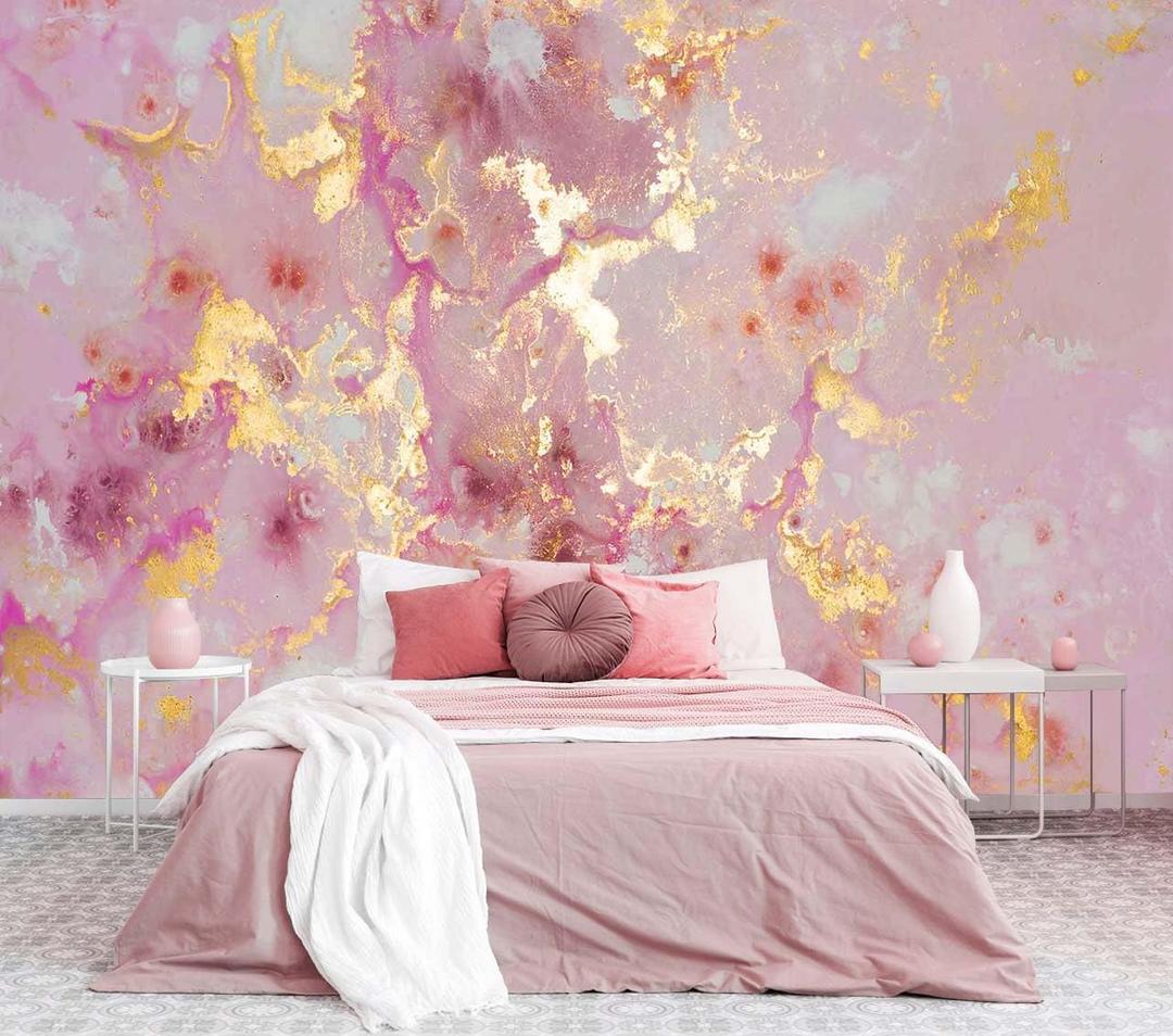 Pink Marble Wallpaper Mural Abstract Gold Gilt Large Art Wall Mural for Bedroom Livingroom(Not Self-Adhesive) (127" x 96")