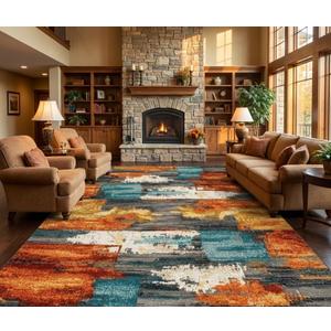 8x10 Area Rug for Living Room,Modern Abstract Burnt Orange Rug,Terracotta and Teal Brushstroke,Washable Rug,Non Slip, Bedroom, Dining Room, Home Office