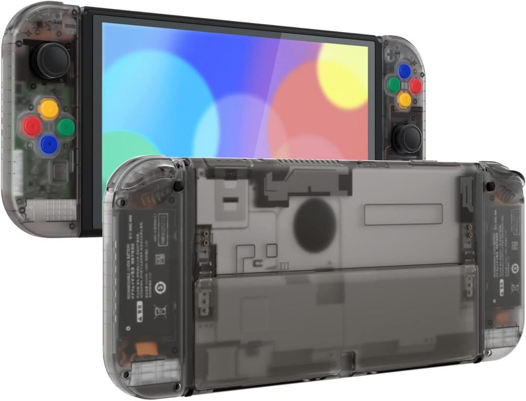 eXtremeRate DIY Full Set Shell for Nintendo Switch OLED, Replacement Console Back Plate & Kickstand, Custom NS Handheld Controller Housing with Full Set Buttons for Nintendo Switch OLED - Clear Black (Clear Black)
