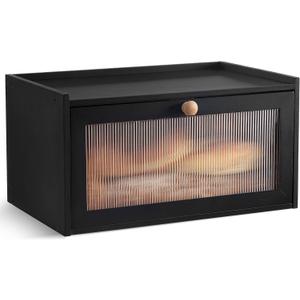 Farmhouse Bread Box for Kitchen Countertop, Modern Bamboo Large Capacity Bread Storage Container, Breadbox Organizer with Window for Kitchen Counter, Cabinet and Pantry (Black, Rectangular)