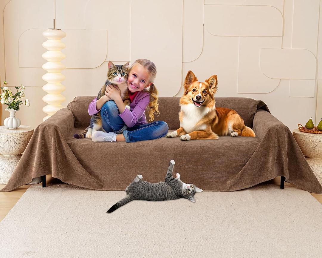 Cat Scratch Furniture Protector - Anti-Slip, Waterproof Sofa Cover to Keep Cats Off, Pet-Friendly Couch Protectors for 3 Cushion Couch, Brown Anti-Scratch Couch Cover for Pets and Kids 150"X71"