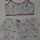 Hilinker Womens Graphic Print Ribbed PJ Set Crop Cami Tops and Shorts Cute Pajamas Set (Small, White Red Cherry B)