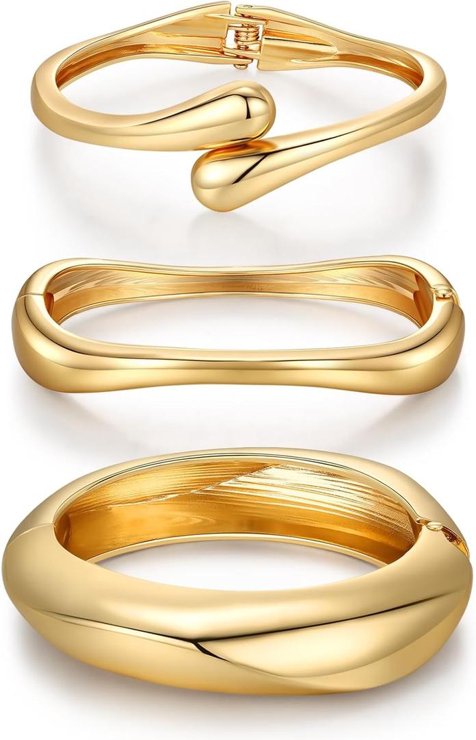 Chunky Gold Bangle Bracelets for Women Trendy 14K Gold Plated Cuff Bracelets Stack, Dainty Gold Bracelet Sets Non Tarnish Fashion Jewelry Gift