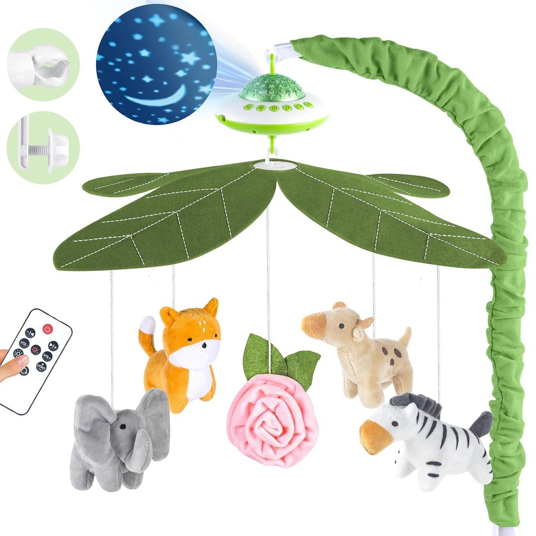 Baby Crib Mobile with Music and Lights, Nursery Baby Mobile for Crib Bassinet with Remote Control, Rotation, Starlight Projection, Crib Toys for Babies Boys Girls Green