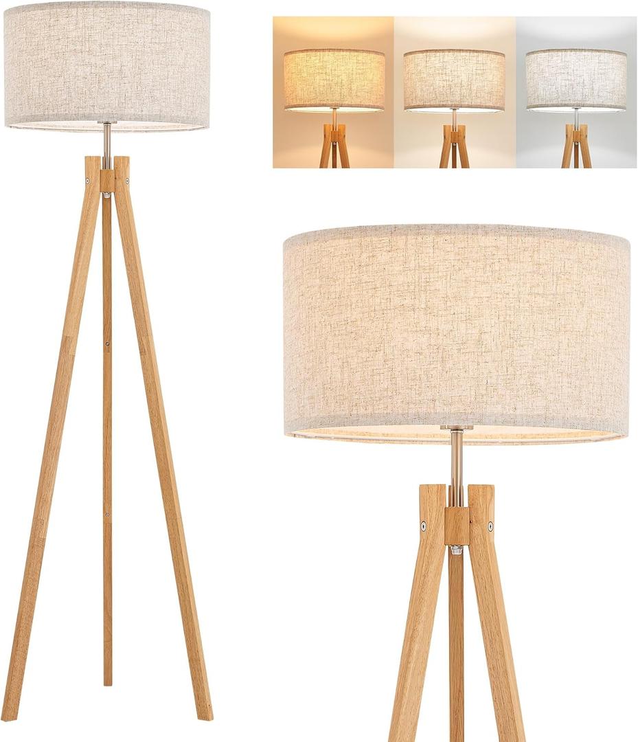 ELYONA Nordic Wood Tripod Floor Lamp, Modern Reading Standing Lamp for Living Room 3 Color Temperatures LED Bulb Included Flaxen Lamp Shade, Boho Natural Wooden floor lamp for Bedroom Office Kids Room
