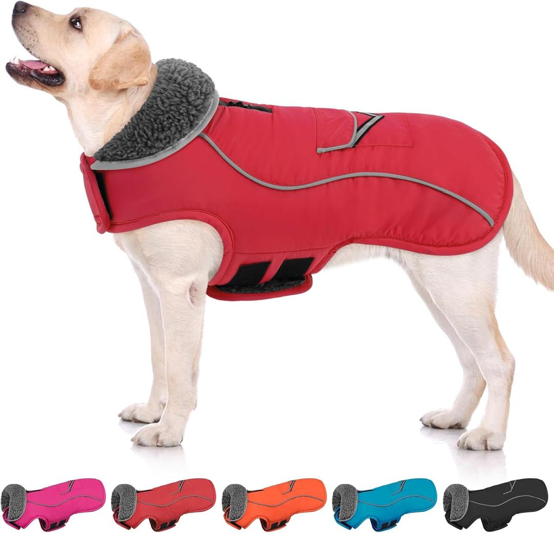 Large Dog Coat, Warm Dog Winter Coat Jacket with Thick Furry Collar, Adjustable Pet Fleece Jacket Turtleneck Snowsuit for Large Dogs for Chilly Day, Red, Size: XL