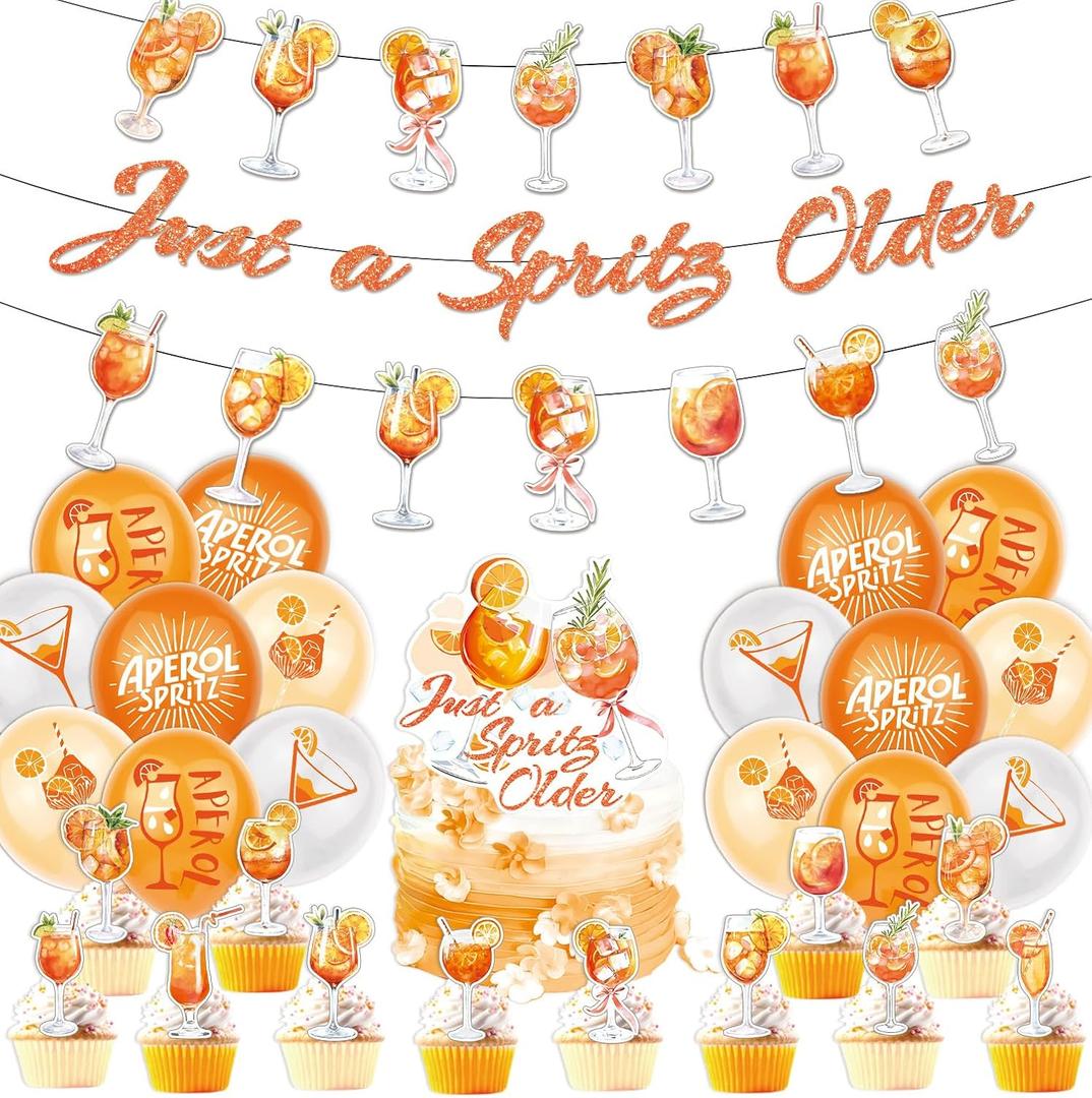 Aperol Spritz Decor Include A Spirity Older Banner-Backdrop-Balloons-Cake Topper-Cupcake Toppers for Aperol Spritz Themed Birthday Decoration