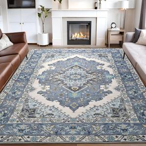 Noahas Blue 5x7 Area Rugs for Living Room, Vintage Machine Washable Rug,Low Pile Print Large Rug with Rubber Backing Non-Slip Carpet for Bedroom,Kitchen,Dining Room,Home Office,Home Decor