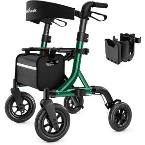 MAXWALK Walkers for Seniors, Rollator Walker with Seat, 10" Rubber Wheels All Terrain Rollator Walker with Backrest, Aluminum Walkers Built-in Cable, Foldable and Adjustable Height for Seniors, Green