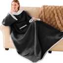 IFNOW Sherpa Wearable Blanket with Sleeves for Women Men Adults, Christmas Birthday Gifts for Women Mom Wife, Cozy Wearable Blanket with Arm and Pocket, Warm Full Body TV Wrap Throw Blanket, Black