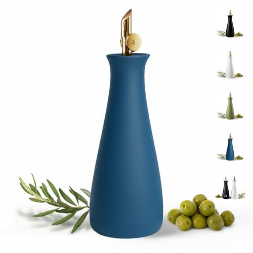 Ceramic Olive Oil Dispenser with Self-Closing Gold Spout - 530 ML Capacity Matte Blue Ceramic Oil Dispenser for Kitchen - Leak Proof EVOO Dispensing Bottle - Stylish, Ergonomic, Durable, Easy Pour