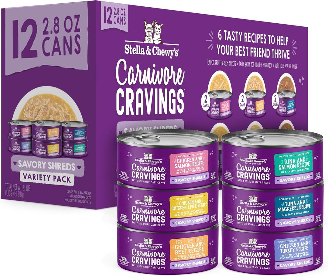 Stella & Chewy’s Carnivore Cravings Savory Shreds Canned Wet Cat Food Variety Pack – (2.8 Ounce Cans, Case of 12) (EXP 08/28/28)