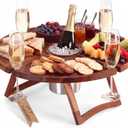 Geetery Portable Wine Picnic Table 19.7 x 19.7 Inches Large Folding Wooden Picnic Table with Glass Holder Removable Center Tray Stainless Steel Cup for Beach Camping Outdoor Parties Wine Lovers Gifts, 19.7 x 19.7 x 7.8 inches