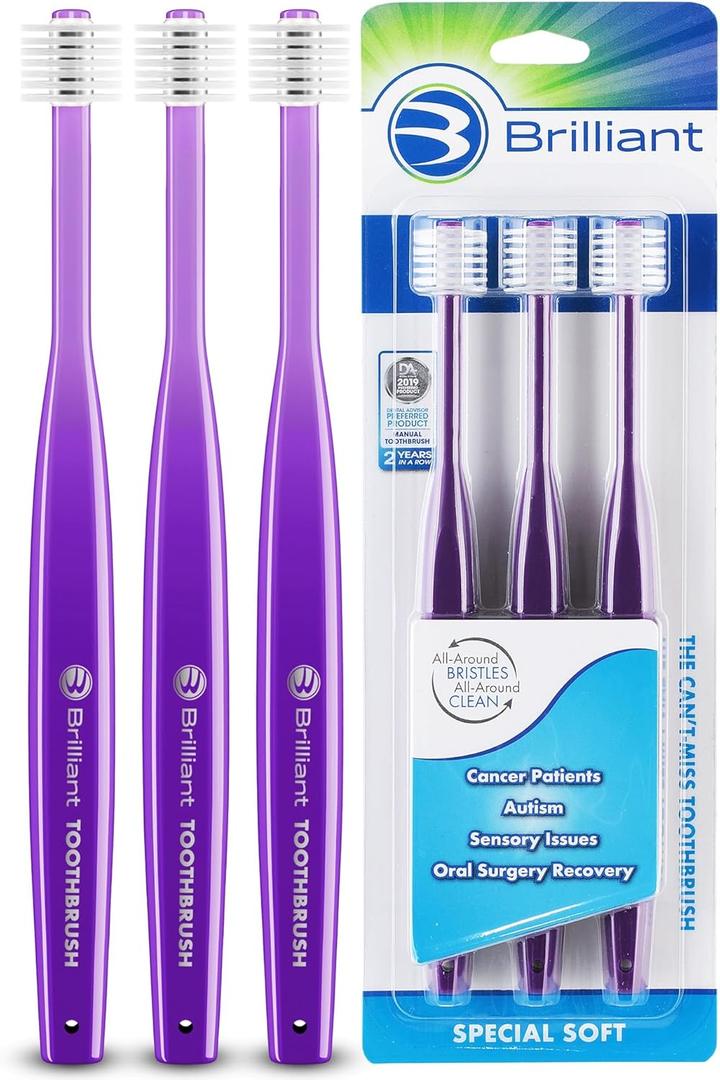Brilliant Specialty Adult Round Toothbrush for Sensitive Mouths to Support Chemo and Other Sensory Oral Care Needs with Ultra Soft Bristles, Violet, 3 Pack Brilliant Specialty Adult Round Toothbrush for Sensitive Mouths to Support Chemo and Other Sensory Oral Care Needs with Ultra Soft Bristles, Violet, 3 Pack