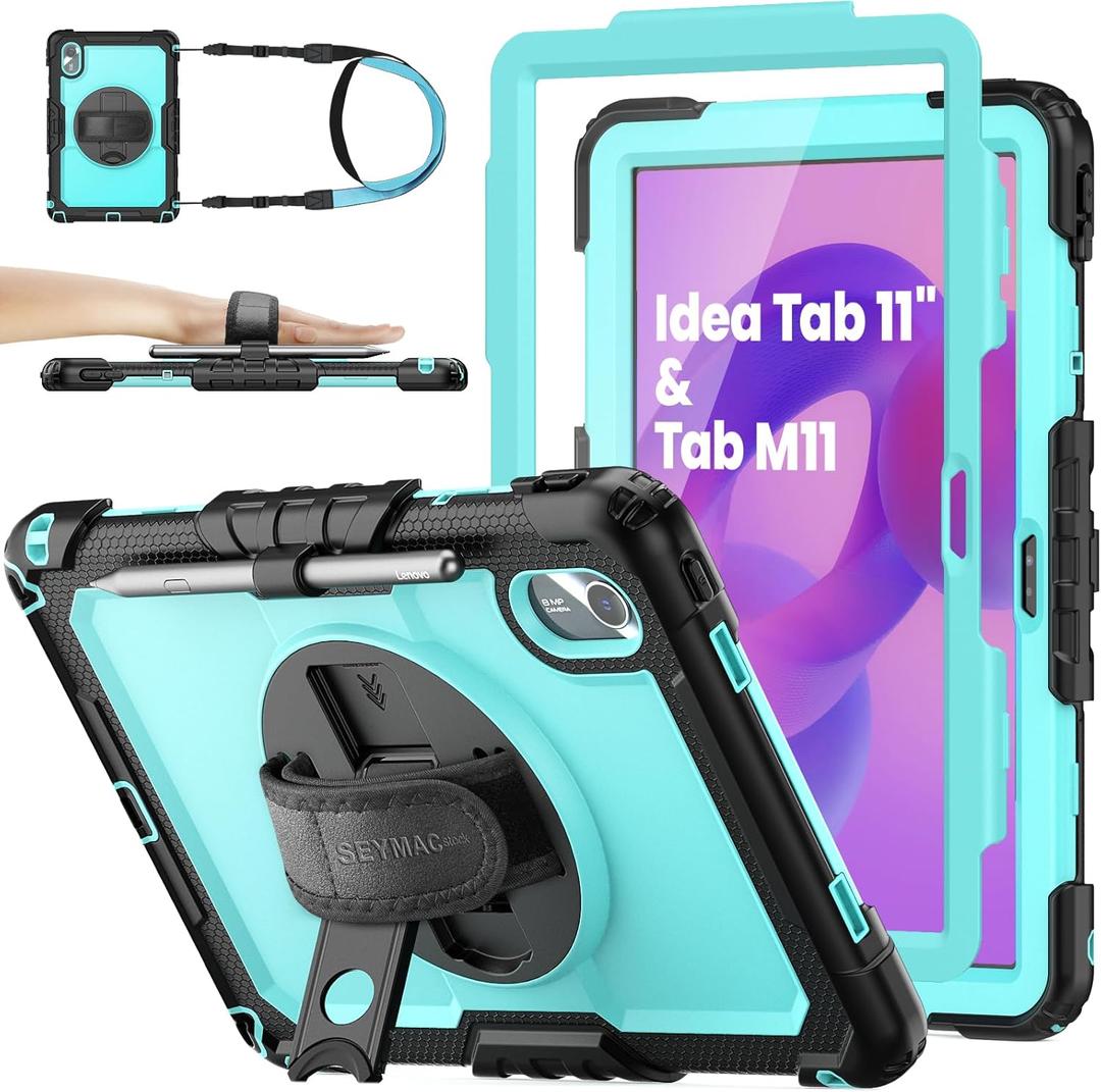 SEYMAC stock Case for Lenovo Idea Tab 11'' 2025/ Tab M11 2024/ K11 (TB336FU/TB330FU), Drop-Proof Case for Lenovo 11 inch with 360 Rotate Stand/Strap [Pen Holder] & Screen Protector, Sky Blue+Black