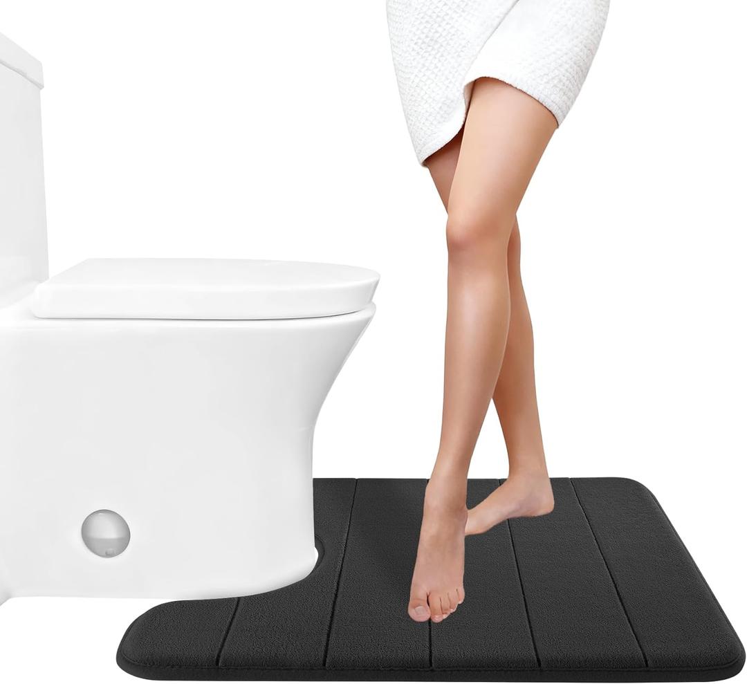 Yimobra Memory Foam Toilet Bath Mat U-Shaped, Soft and Comfortable, Super Water Absorption, Non-Slip, Thick, Machine Wash and Easier to Dry for Bathroom Commode Contour Rug, 24 X 20 Inches, Black