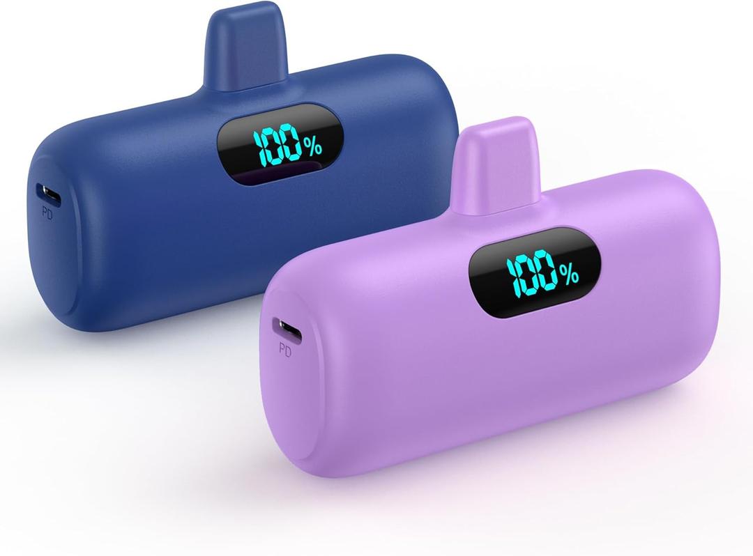 [2 Pack] Mini Portable Charger 5000mAh,Ultra-Compact 15W PD Fast Charging Power Bank,LCD Display Cute Battery Pack Backup Charger Compatible with iPhone 14/14 Pro Max/13/13 Pro/12/11/8-Blue+Purple