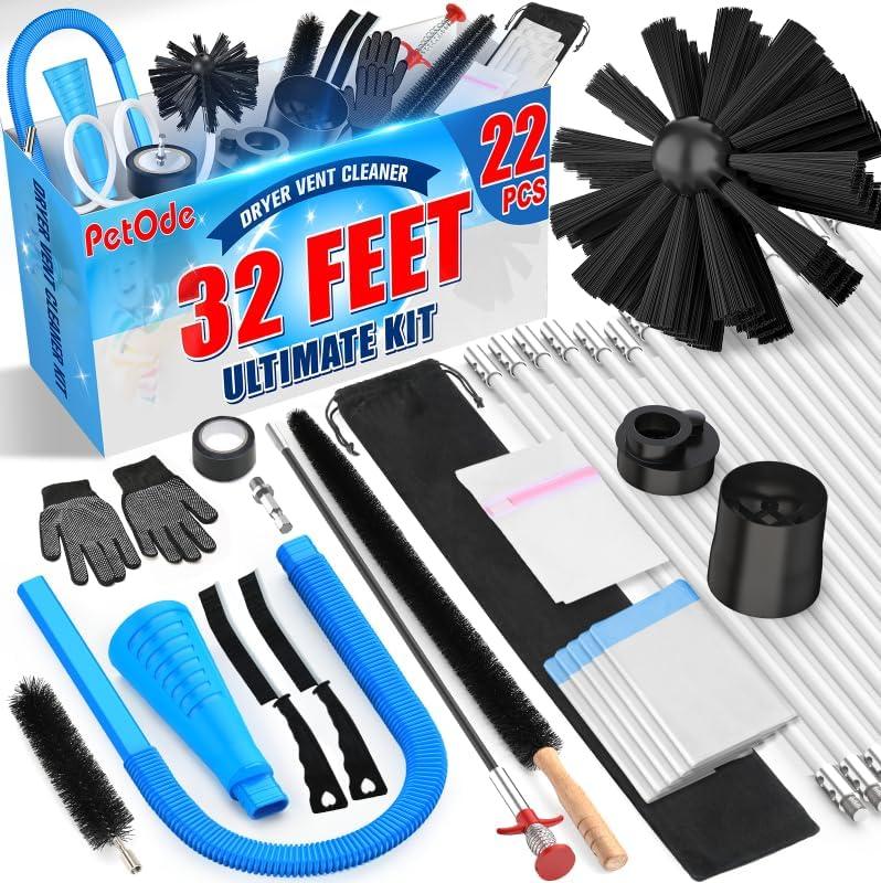 PetOde 32-Feet Dryer Vent Cleaner Kit, Dryer Vent Cleaning Kit Lint Remover with Dryer Vent Brush, Vacuum Hose Attachment Cleaning Tools, Flexible Lint Trap Brush, Vacuum & Dryer Adapters