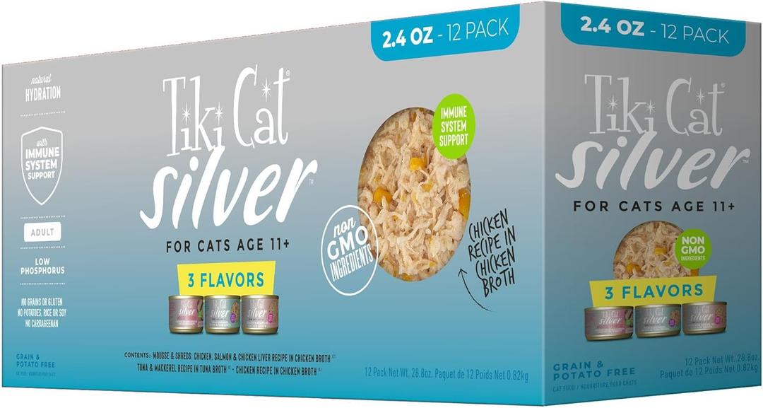 Tiki Cat Silver Wet Cat Food for Seniors, Variety Pack, 2.4 oz. Cans (12 Count) (EXP 11/01/28)