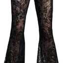 FEOYA Gothic Black Lace Flare Pants for Women Elastic Waist Victorian Bell Bottoms Mesh Punk Disco Pant Black L