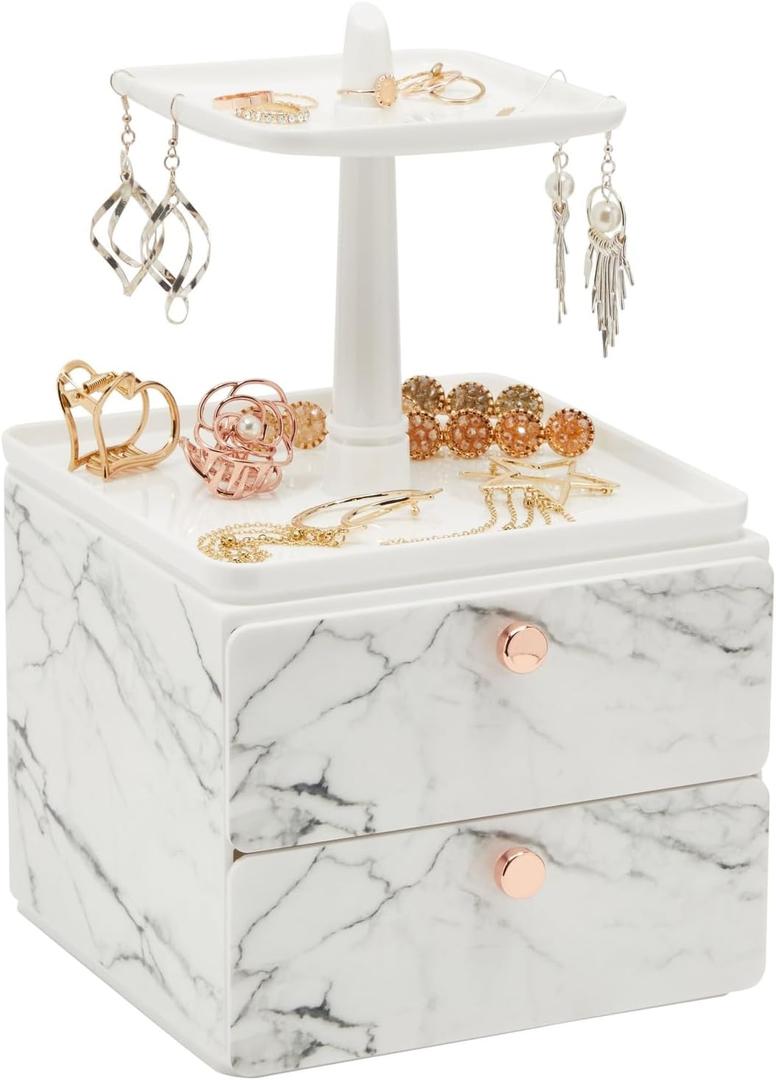 Marble Jewelry Display Tray and Makeup Organizer with Drawer for Vanity (7.3 x 7.7 x 13 in)
