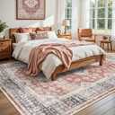 DEXI Area Rugs for Living Room, 8x10 Washable Low Pile Vintage Traditional Rug for Bedroom, Non Slip Large Indoor Carpet for Dining Office Nursery, Orange White