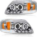 LED DRL Headlight Assembly, Fit 1997-2003 Ford F150/ 2004 Ford F150 Heritage/97-99 Ford F250 Light Duty/97-02 Ford Expedition Projector Pair of Left & Right Side Chrome Housing Amber Reflector