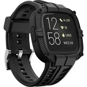 Compatible for Fitbit Versa 2 Bands All Round Protective Case Rugged Sport Band Wristbands for Men Women Black