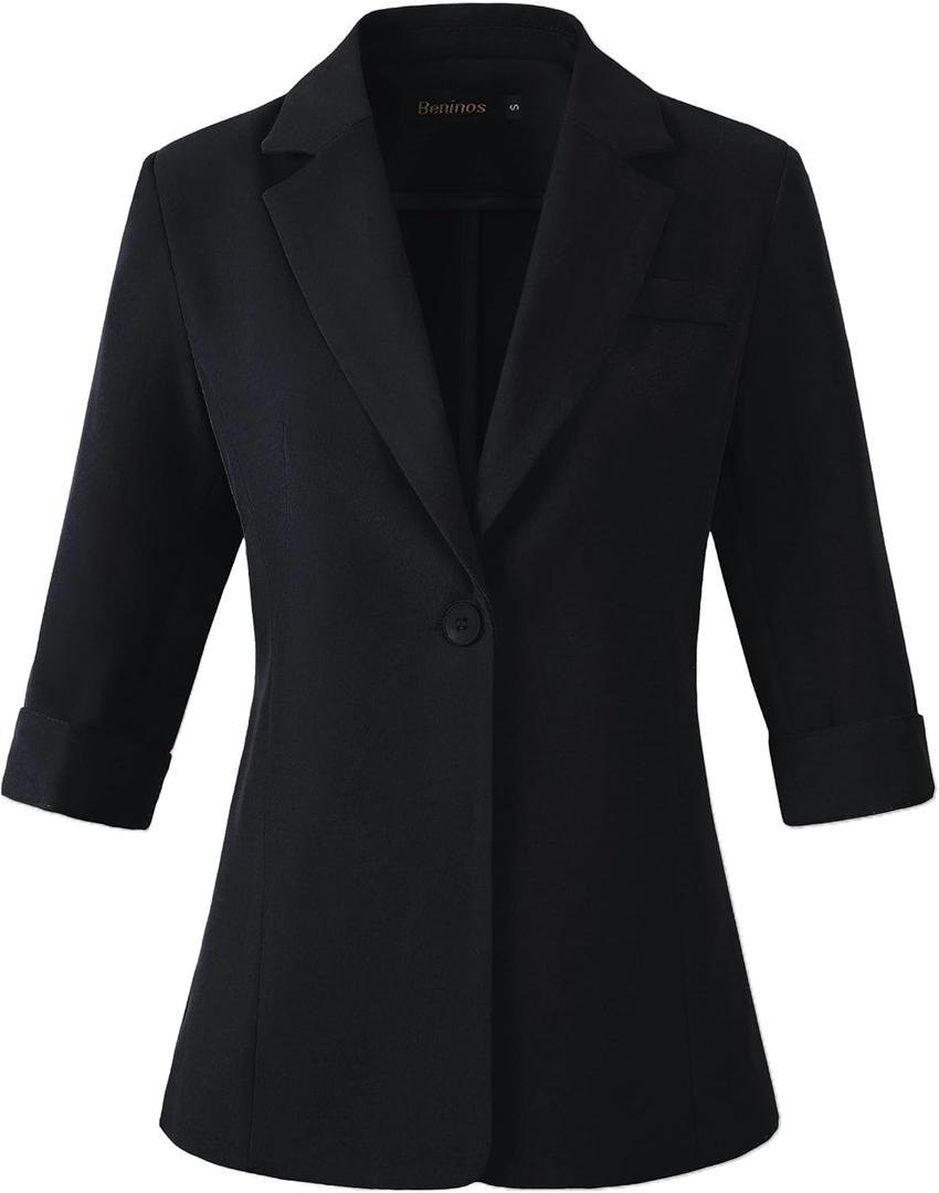 Beninos Womens 3/4 Sleeve Blazers Business Casual Solid Lightweight Suit Jacket Office Blazer, Black, Large