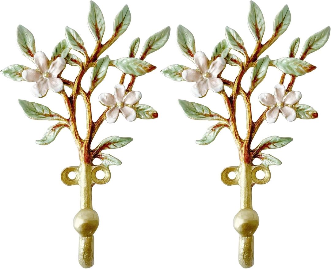 Vintage Flower-Shaped Decorative Wall Hooks, 2 Pack Hand-Painted Floral Metal Wall Hook Rack Hangers for Hanging Coats, Clothes, Keys, Hats, and Towels