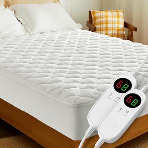 JinJeeo Heated Mattress Pad Queen Electric Mattress Pads Electric Bed Warmer Fit up to 21" with 11 Heat Settings Dual Controller 9 Hours Auto Shut Off, White