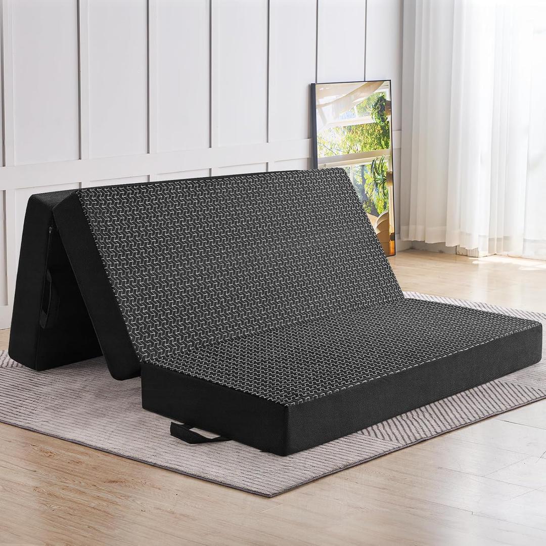 CYMULA Folding Mattress Queen Size, Memory Foam 6 inch Tri Portable Trifold Mattress Futon Topper Queen with Breathable & Washable Cover, Murphy Bed Guest Bed,Black (58"x75"x6")
