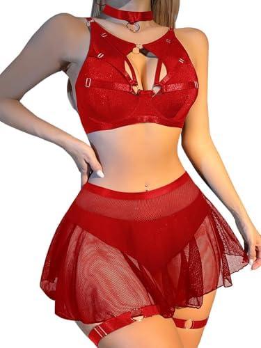 Lilosy Sexy Fishnet Stocking Chocker Strappy Underwire O Ring Women Lingerie Set 2 Piece