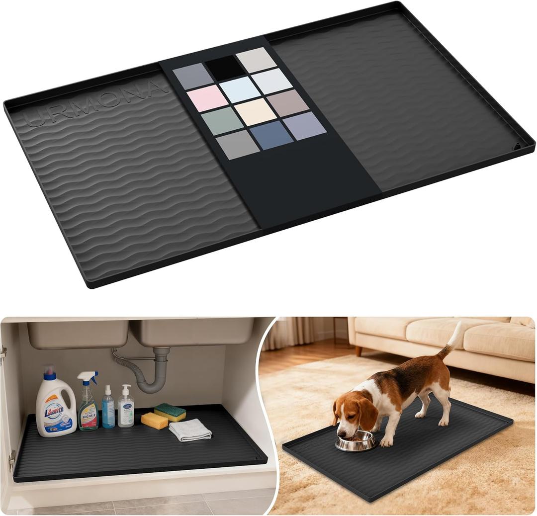 URMONA Waterproof Silicone Under Sink Mat 31'' x 19'' Shelf Liner for Kitchen and Bathroom, Cabinet and Counter Protector, Storage and Organizers, Litter Mat, Pet Cat Puppy Essentials (Black)