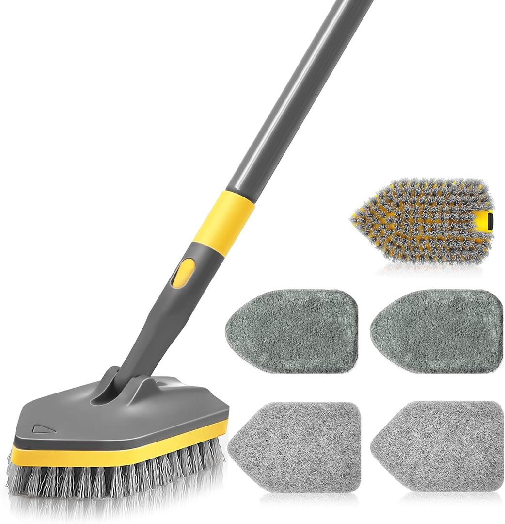 Shower Scrubber with Long Handle for Cleaning, 56" Extendable 3 in 1 Shower Cleaner Brush, Interchangeable Tub Scrub Brush Attachment for Cleaning Bathroom Bathtub Floor Wall