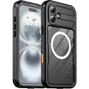 for iPhone 16 Plus Waterproof Case, with Built-in Screen Protector Dustproof Shockproof [Compatible with MagSafe] Full Body Underwater Protective Phone Cover for iPhone 16 Plus 6.7" (Black, 16 Plus)