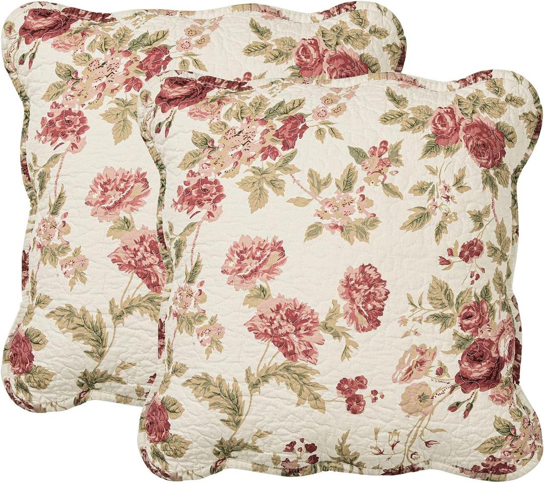 vctops Set of 2 Cotton Quilted Floral Print Decorative Square Throw Pillow Covers with Scalloped Spring Soft Cushion Case for Couch Sofa Bed (Flower G,18"x18")