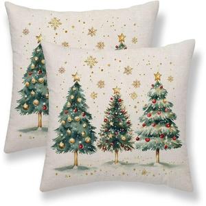 Christmas Pillow Covers 18X18 Inch Set of 2 Gold Snowflakes Stars Green Christmas Trees Decorations Throw Pillow Covers Outdoor Linen Winter Holiday Cushion Cases for Home Sofa Couch Decor