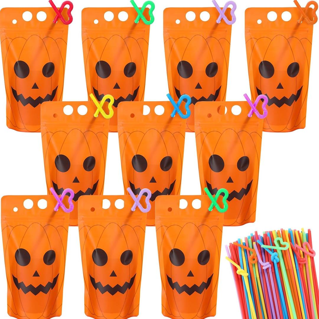 Nuenen 500 Pack Halloween Drink Pouches with Straws Spooky Pumpkin Plastic Juice Bags for Adults Disposable Drinking Bags Stand up Zipper Pouches with Straws for Smoothie Juice Halloween Party